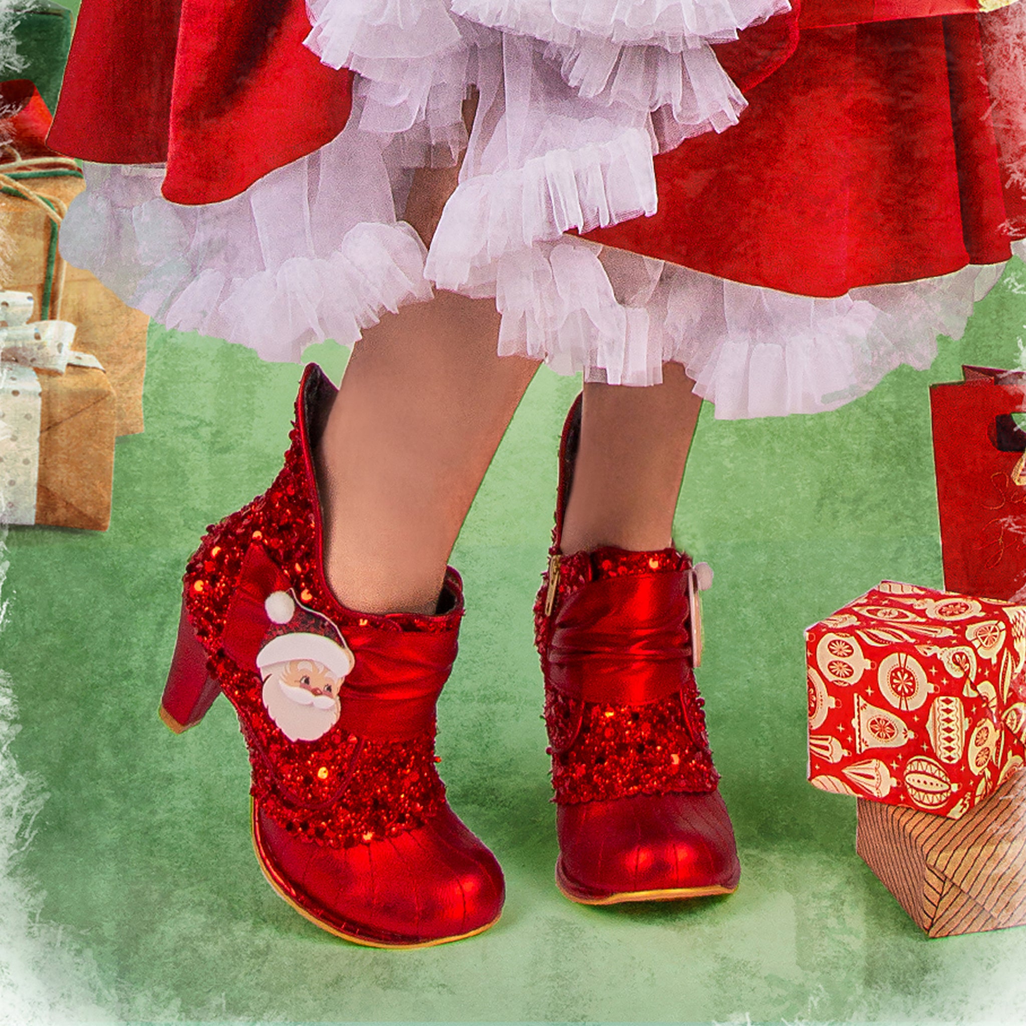 Irregular Choice Red Sequin Christmas Party Low Ankle Booties Miaow Style Zip Up High Heel Shoes Fancy Claus