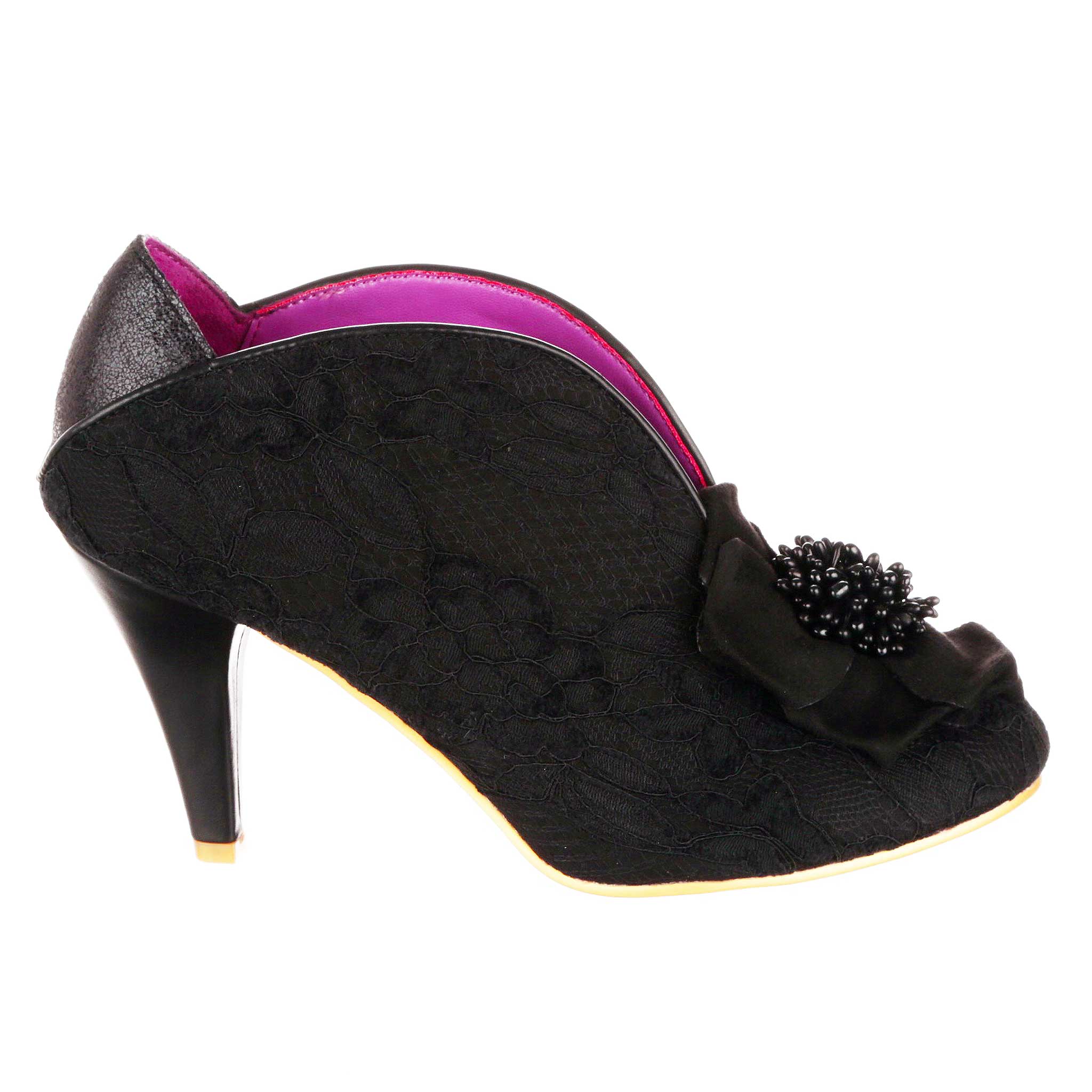 Irregular Choice Black Lace Slip On High Heel Shoes With Floral Decoration Moonlit Serenade