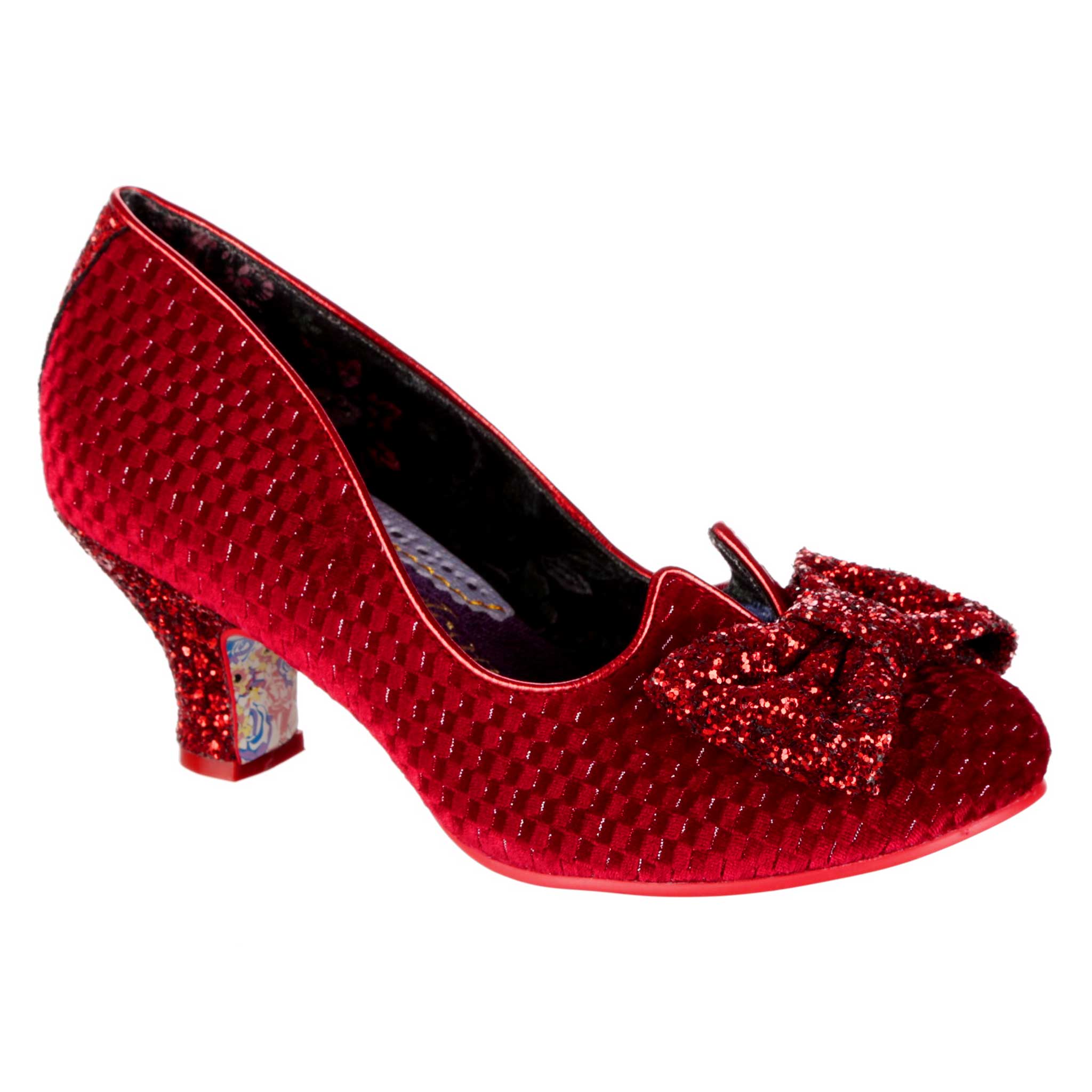 Irregular Choice Red Velvet Glitter Bow Mid Heel Shoes Dazzling Diva