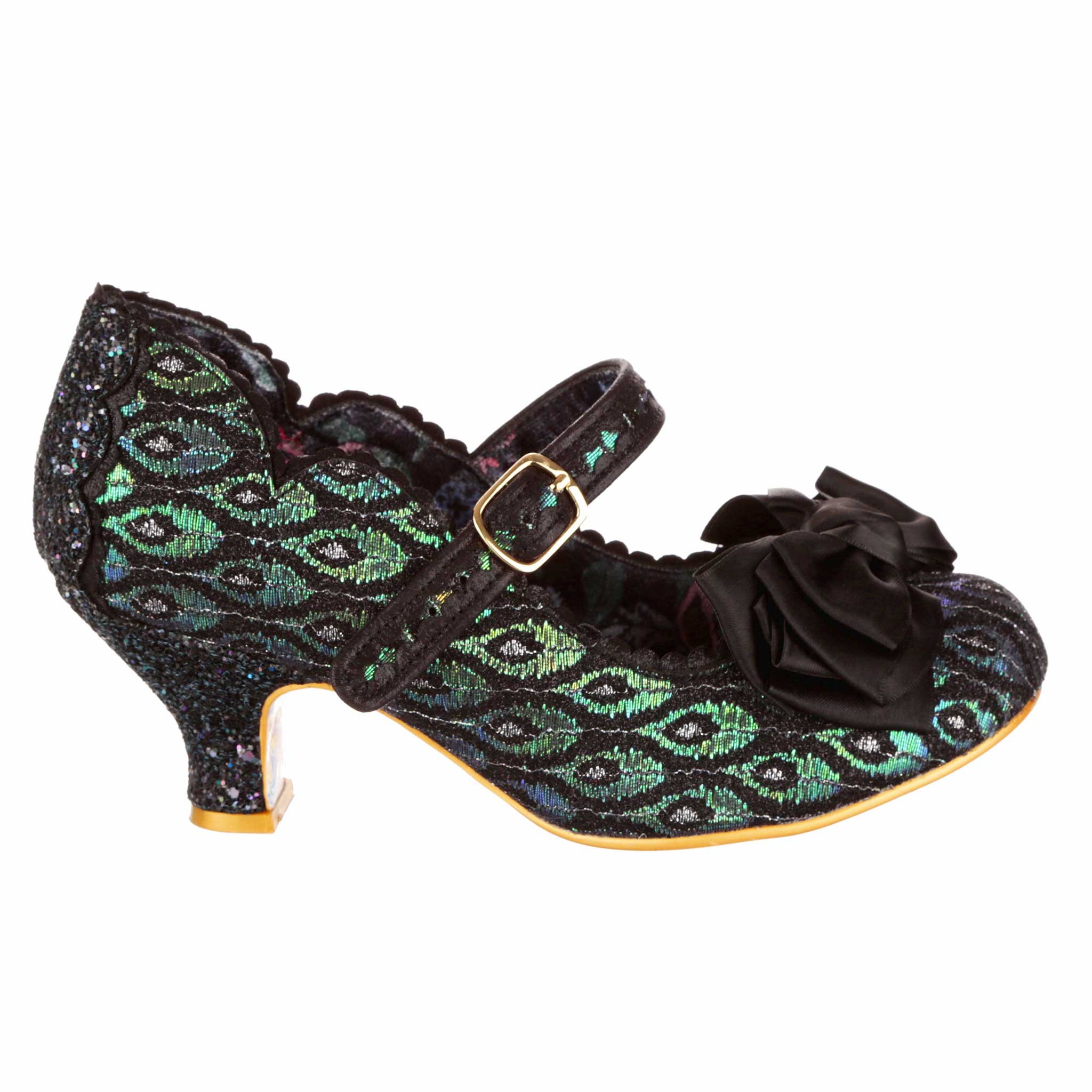 Irregular Choice Black Green Metallic Mid Heel Mary Jane Buckle Strap Occasion Shoes Summer Breeze Wide Fit