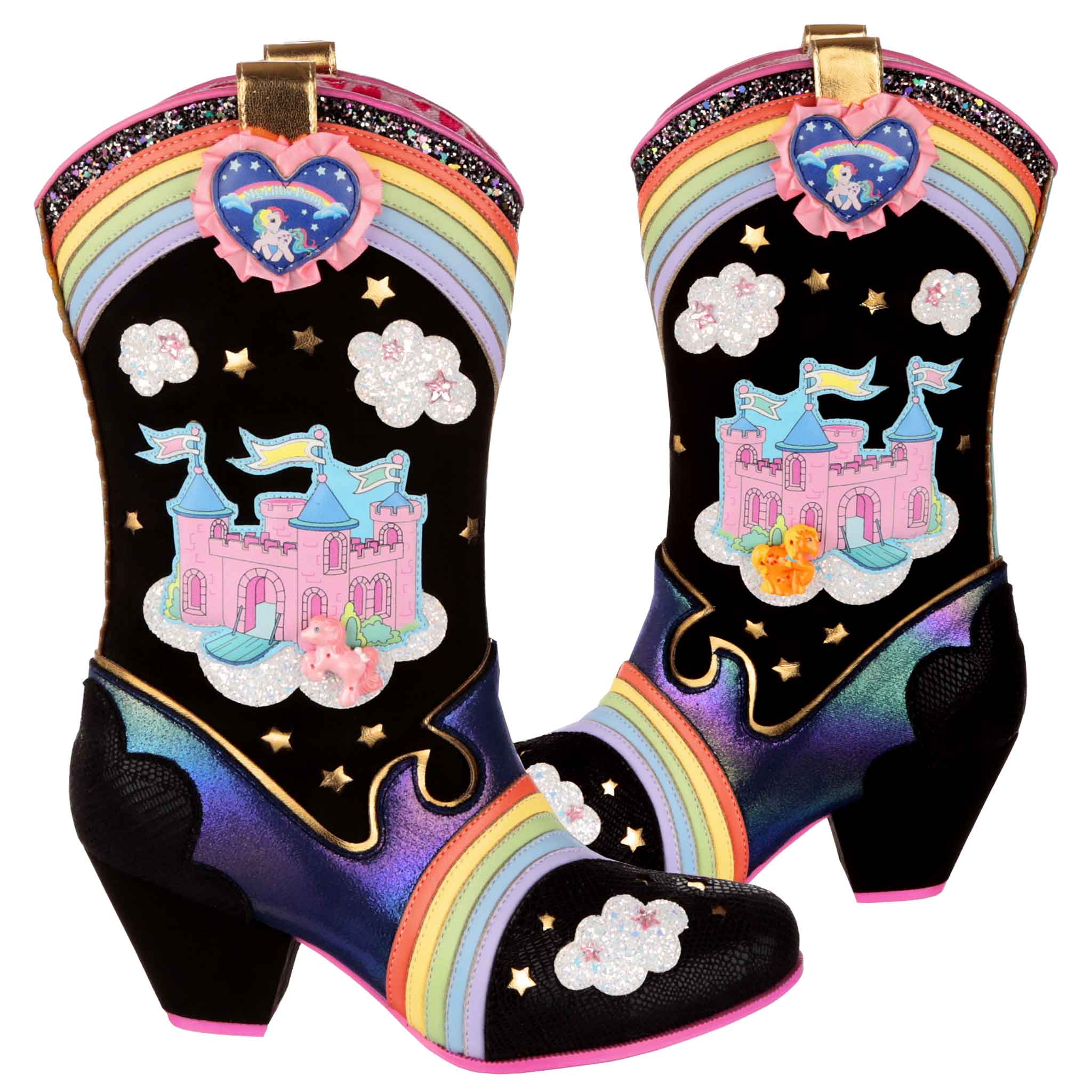 Irregular Choice X My Little Pony Dream Castle Cowboy Boots Cuban Heel Dark Pastel Womens Shoes Rainbow Bridge