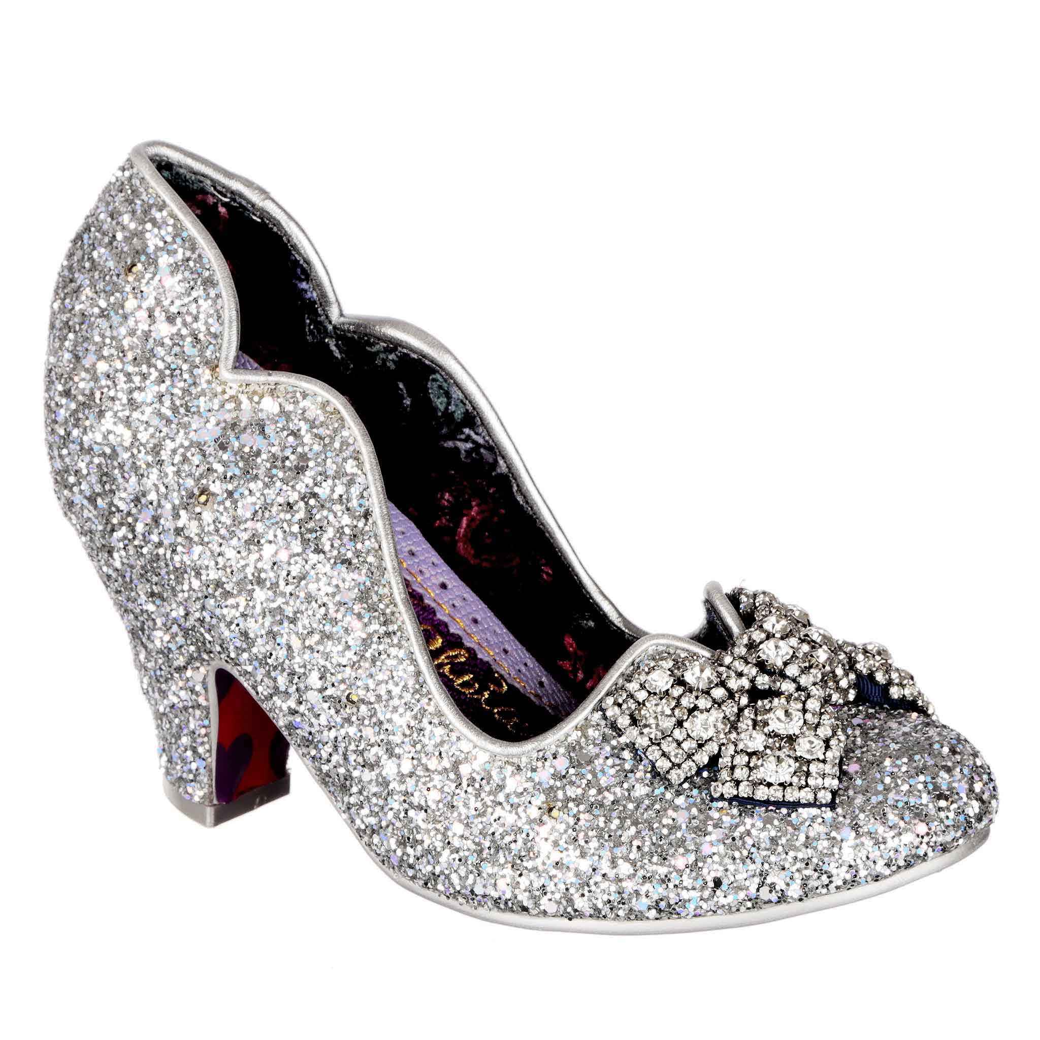 Irregular Choice Silver Glitter Covered Light Up Jewel Bow Mid Heel Shoes Deck The Halls