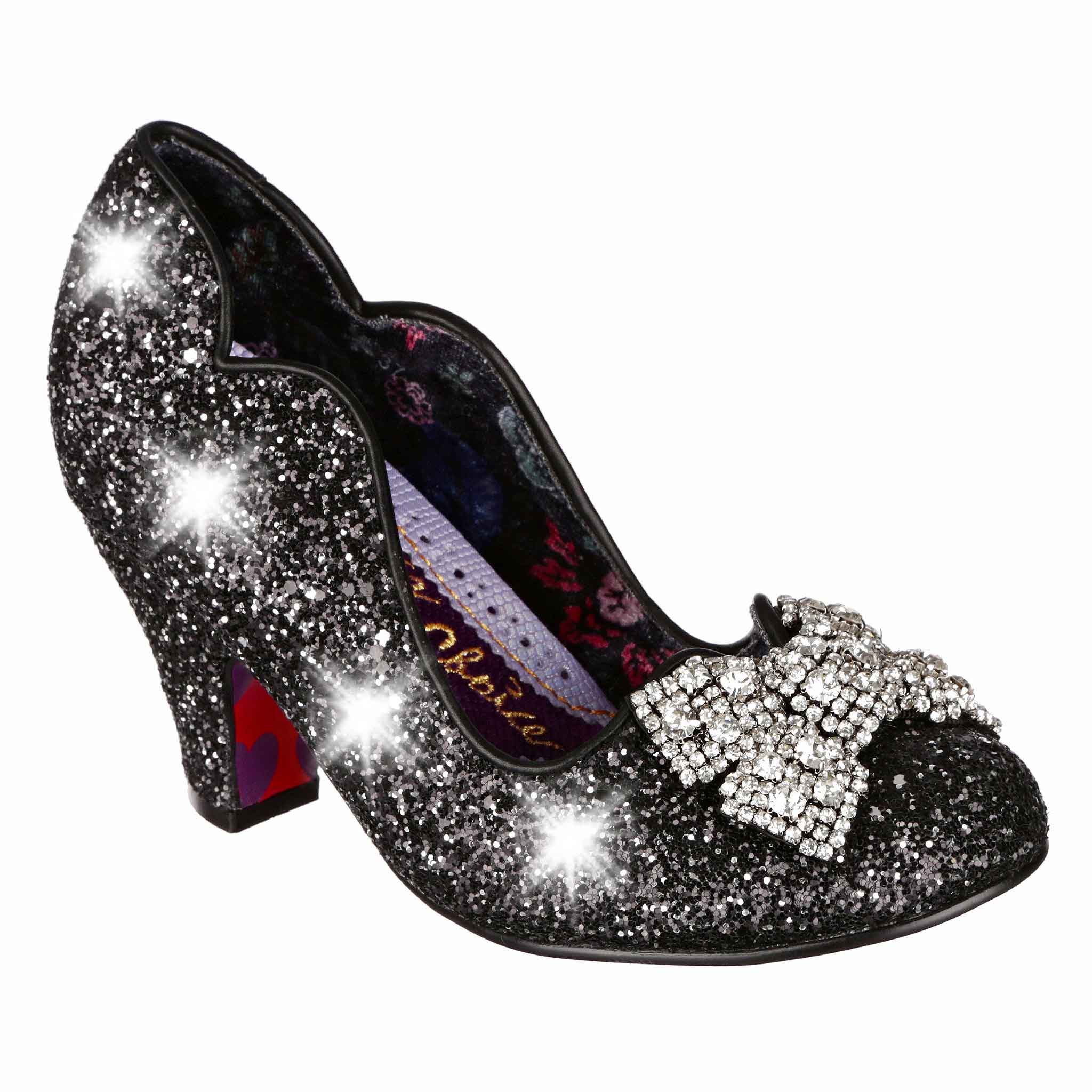 Irregular Choice Black Glitter Covered Light Up Jewel Bow Mid Heel Shoes Deck The Halls