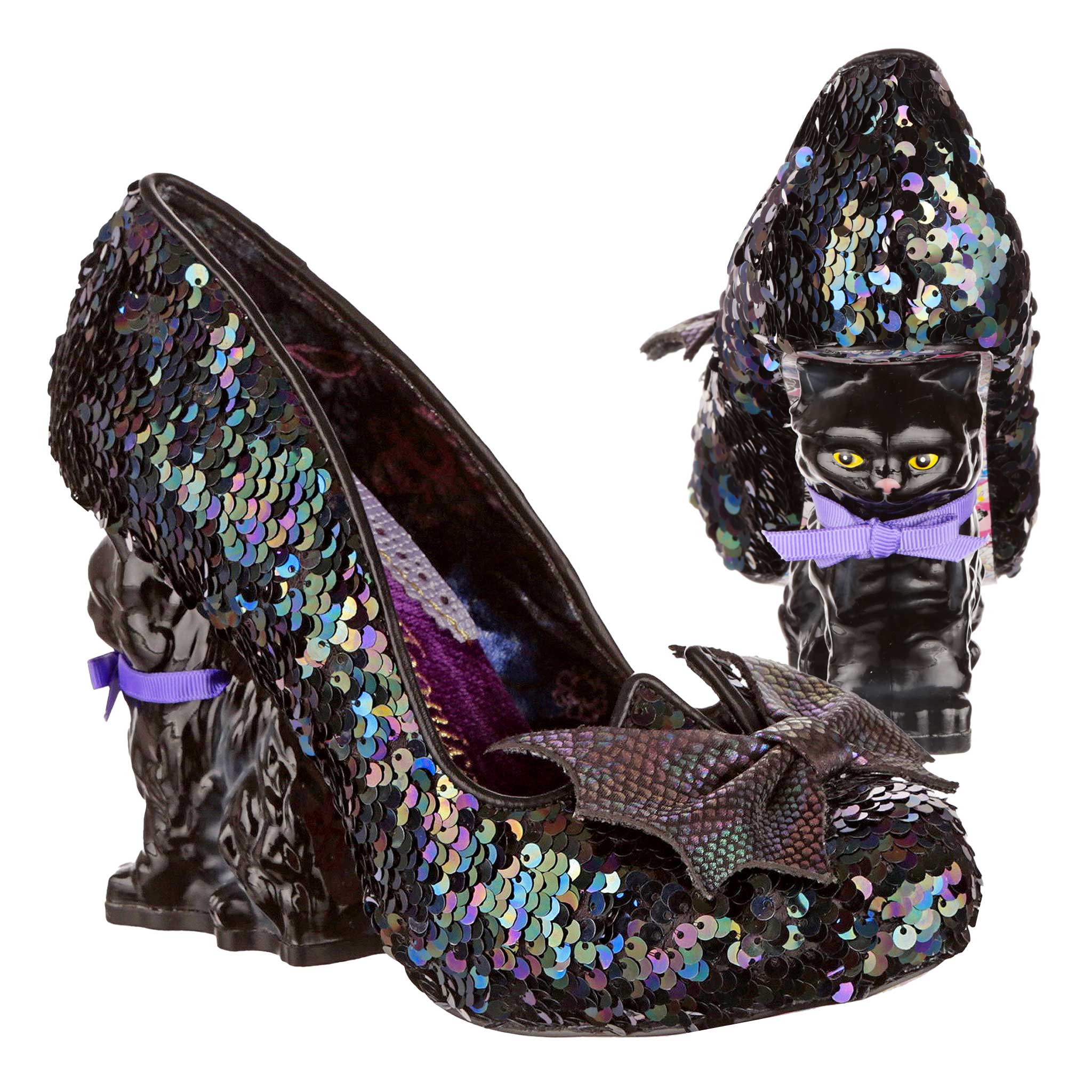 Irregular Choice Black Cat High Heel Rainbow Sequin Covered Slip On Concept Heel Shoes Salem