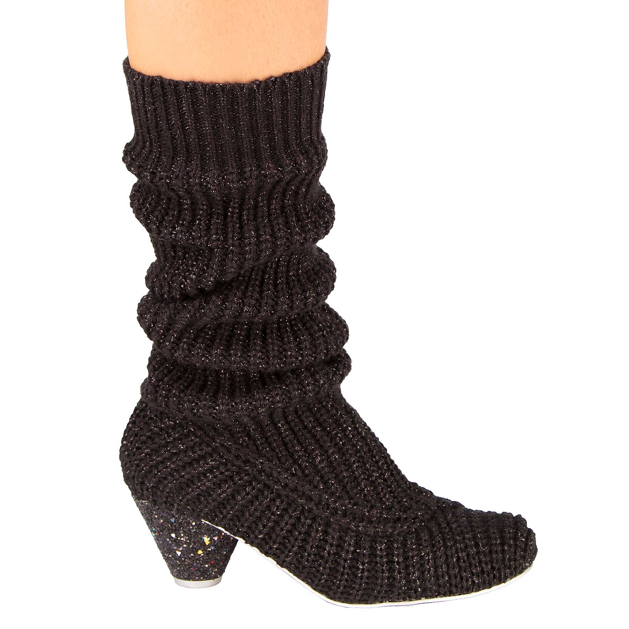 Irregular Choice Black Pull On Sock Boots Knitted Mid Heel Slouch Stretch Shoes Sock It To Me