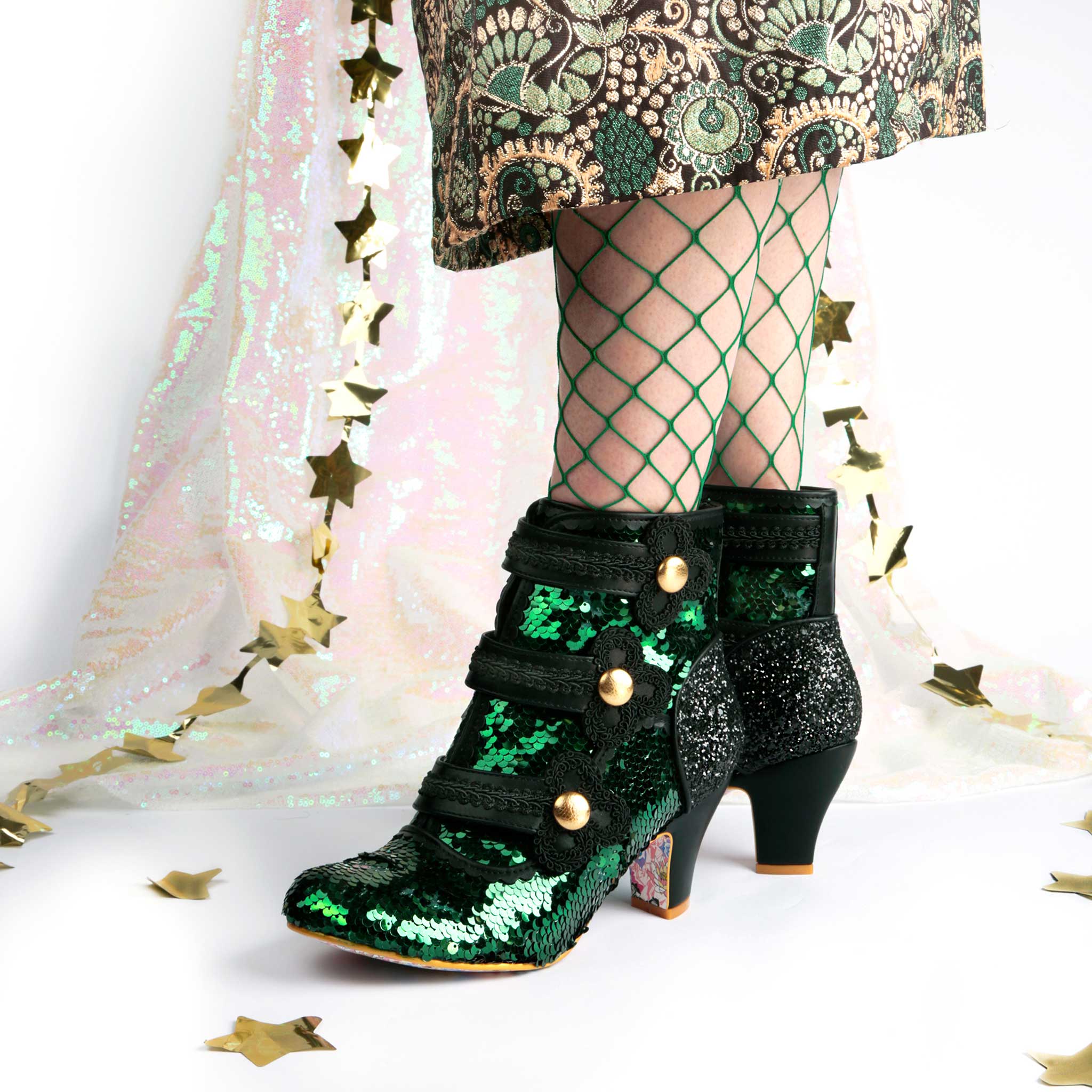 Irregular Choice Emerald Green Sequin Heeled Marching Ankle Boots Mouse King