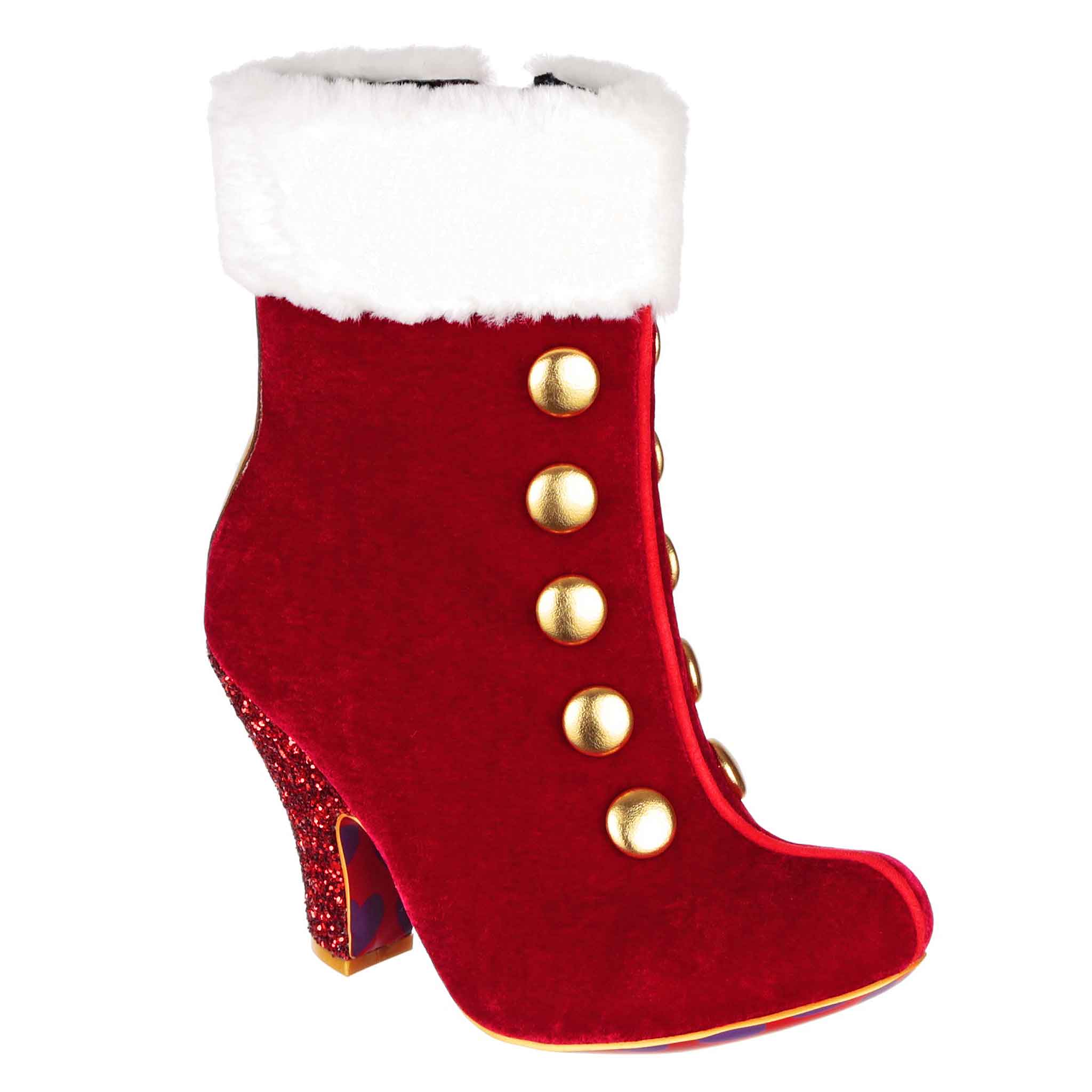 Irregular Choice Red Velvet Santa Claus Christmas High Heel Ankle Boots White Fur Trim Mrs Claus Splendid Season