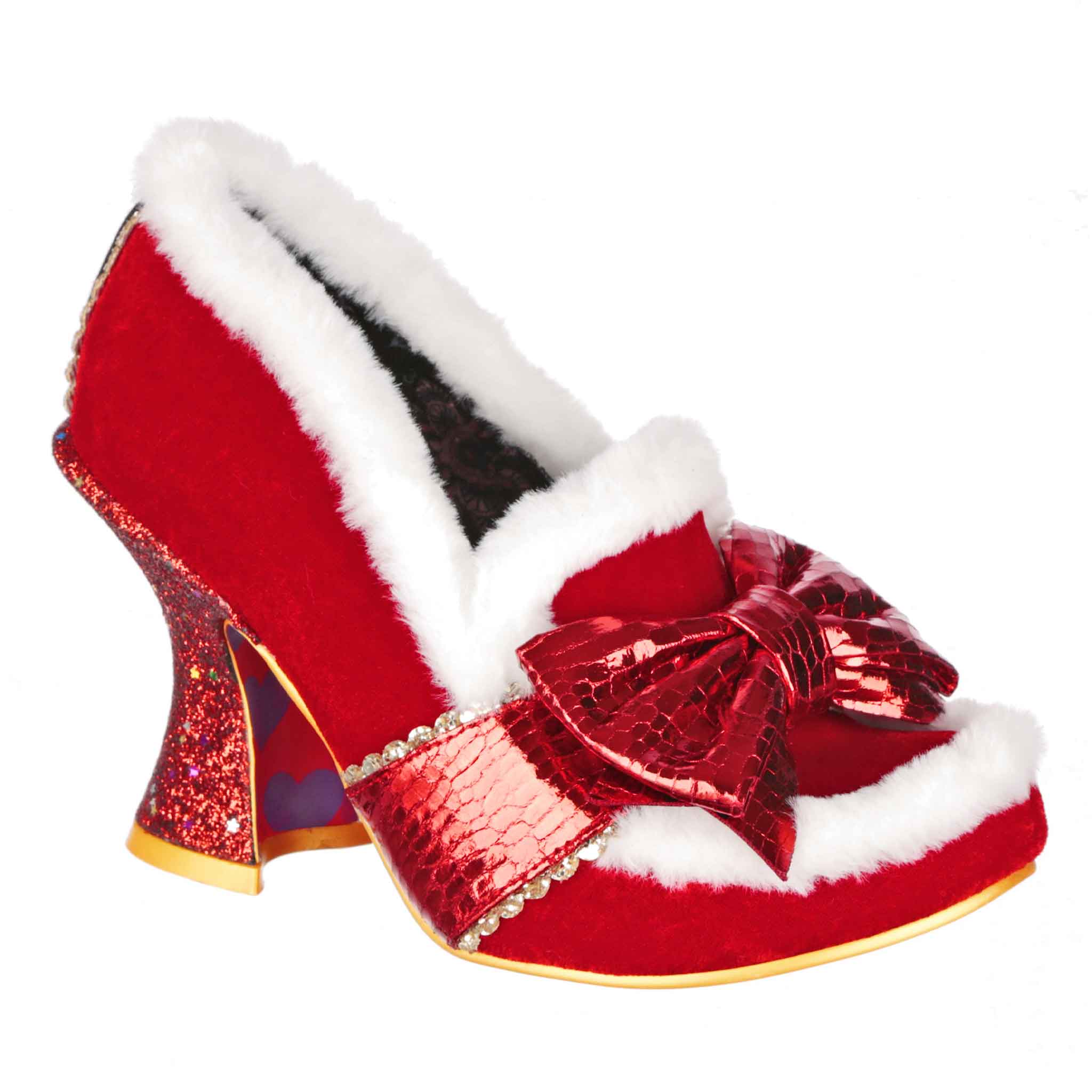 Irregular Choice Red Winter 70s Curved High Heel White Faux Fur Trim Present Bow Shoes Grand Gift