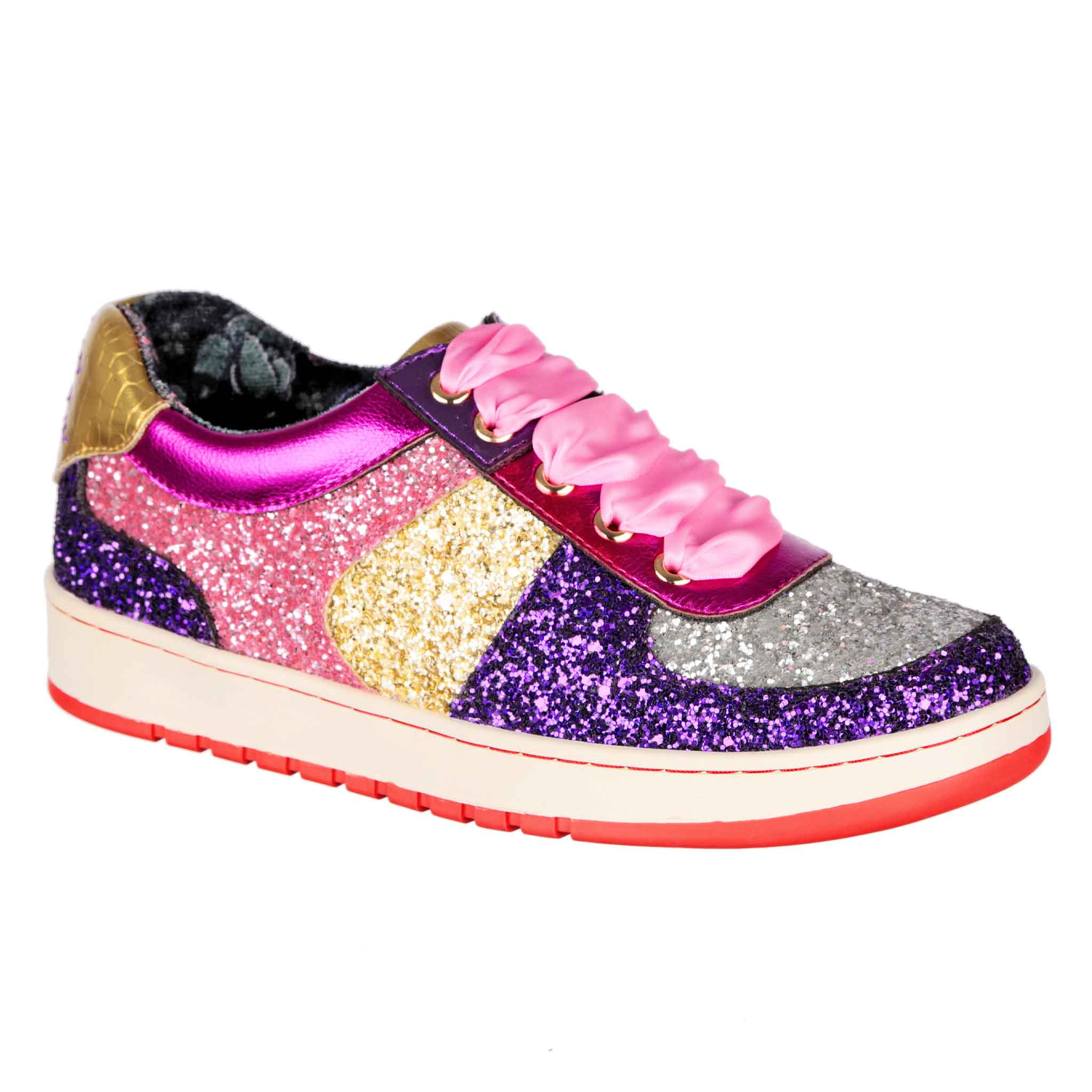 Irregular Choice Pink Purple Glitter Covered Lace Up Trainer Sneakers Starbright Streamer