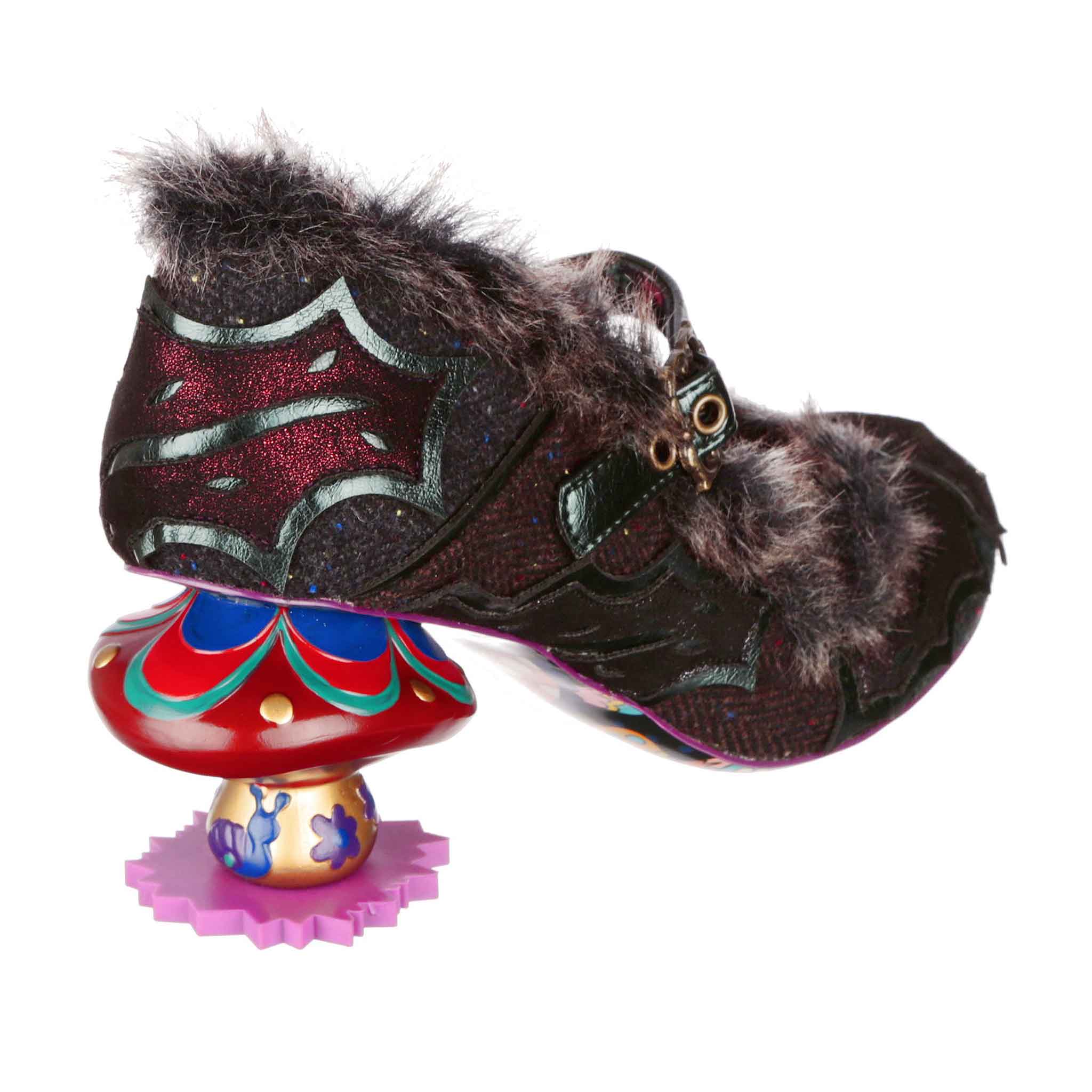 Irregular Choice Black Fur Trimmed Mary Janes with Colourful Mushroom Concept Mid Heels Velvet Parasol