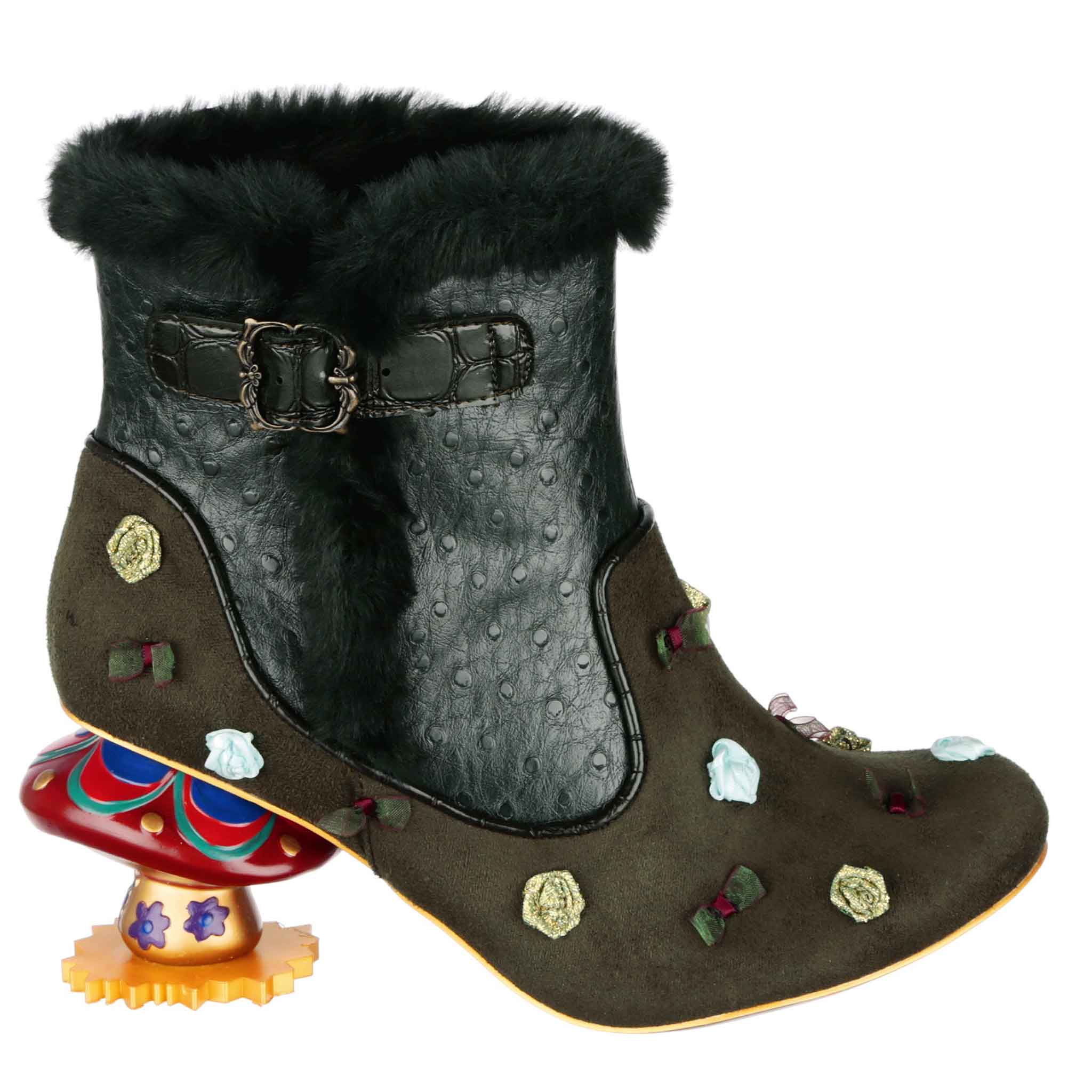 Irregular Choice Forest Green Ankle Boot With Mushroom Concept Heel Mushroom Meadow