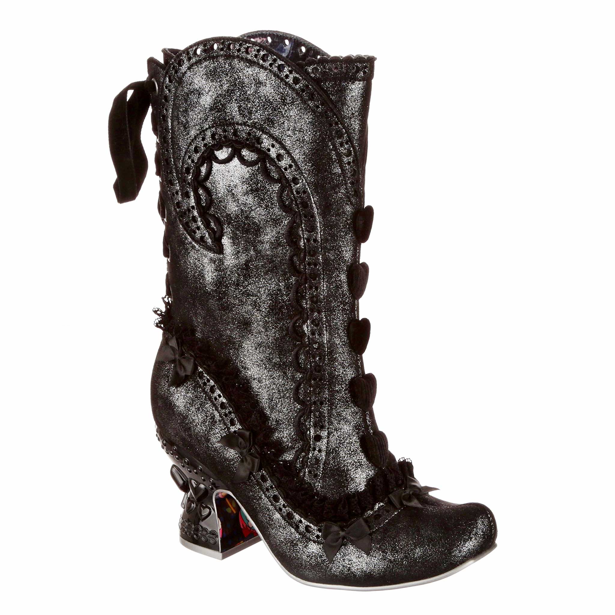 Irregular Choice Victorian Vintage Style Black Steampunk Calf High Mid Heel Boots with Pointed Toe Muskette