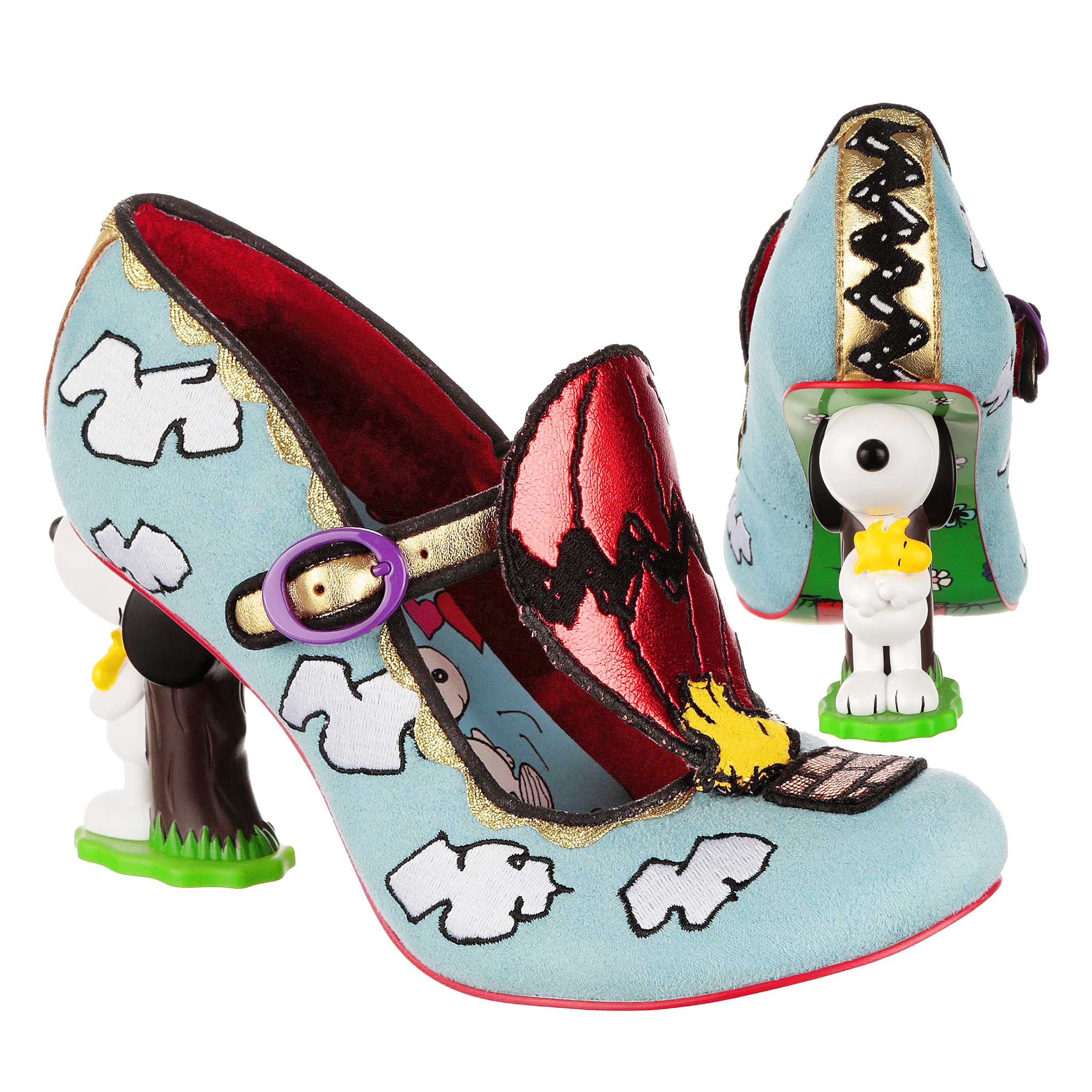 Irregular Choice Peanuts Snoopy Hot Air Balloon Comic Concept High Heel Blue Sky Embroidered T Bar Shoes Up Up Woodstock