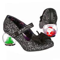 Irregular Choice Black Silver Glitter Christmas Snowglobe Style Mid Heel Mary Jane Strap Shoes Festive Feeling