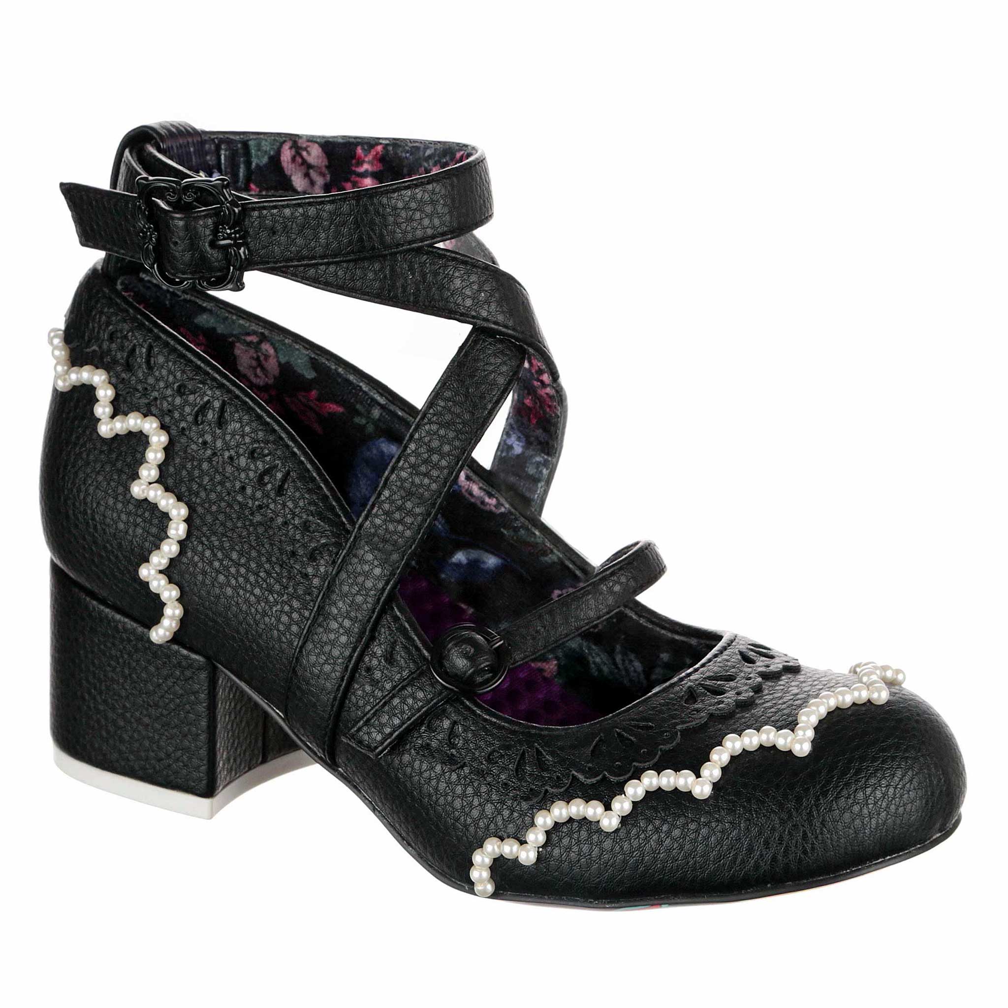 Irregular Choice Black Gothic Lolita Style Cross Strap Block Mid Heel Shoes Winter Lace