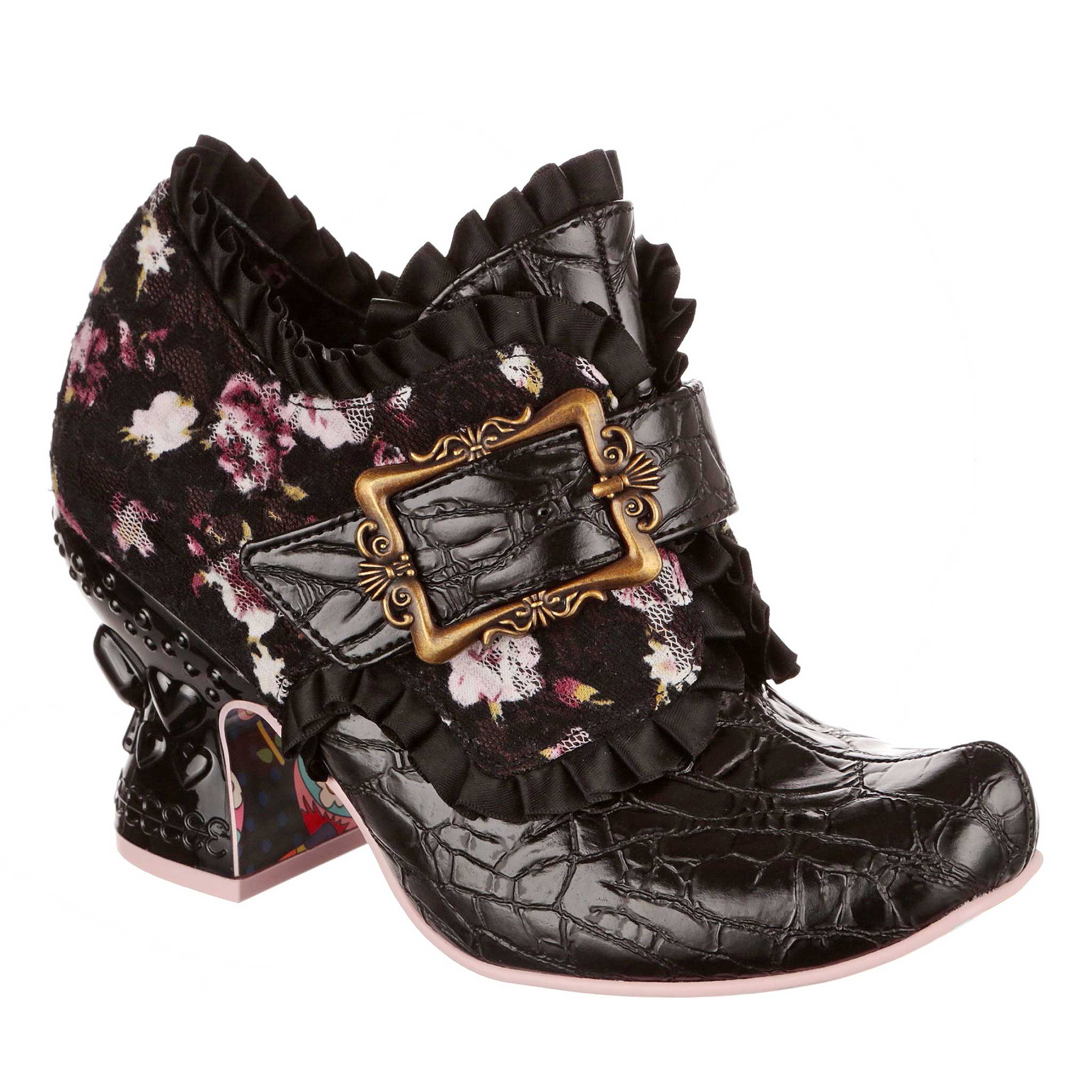 Irregular Choice Black Ornate Heel Ankle Booties With Pointed Toe And Buckle Squash Buckle