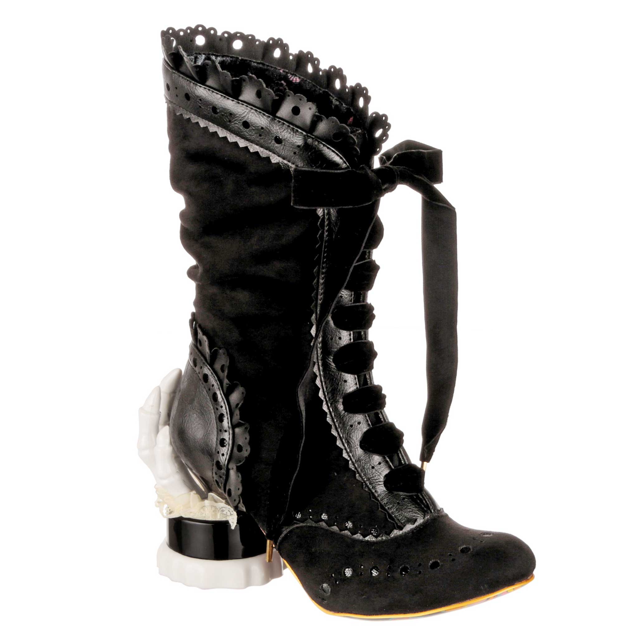 Irregular Choice Halloween Black Victorian Gothic Lace Up Calf Boots With Skeleton Hand Heel Phantasma