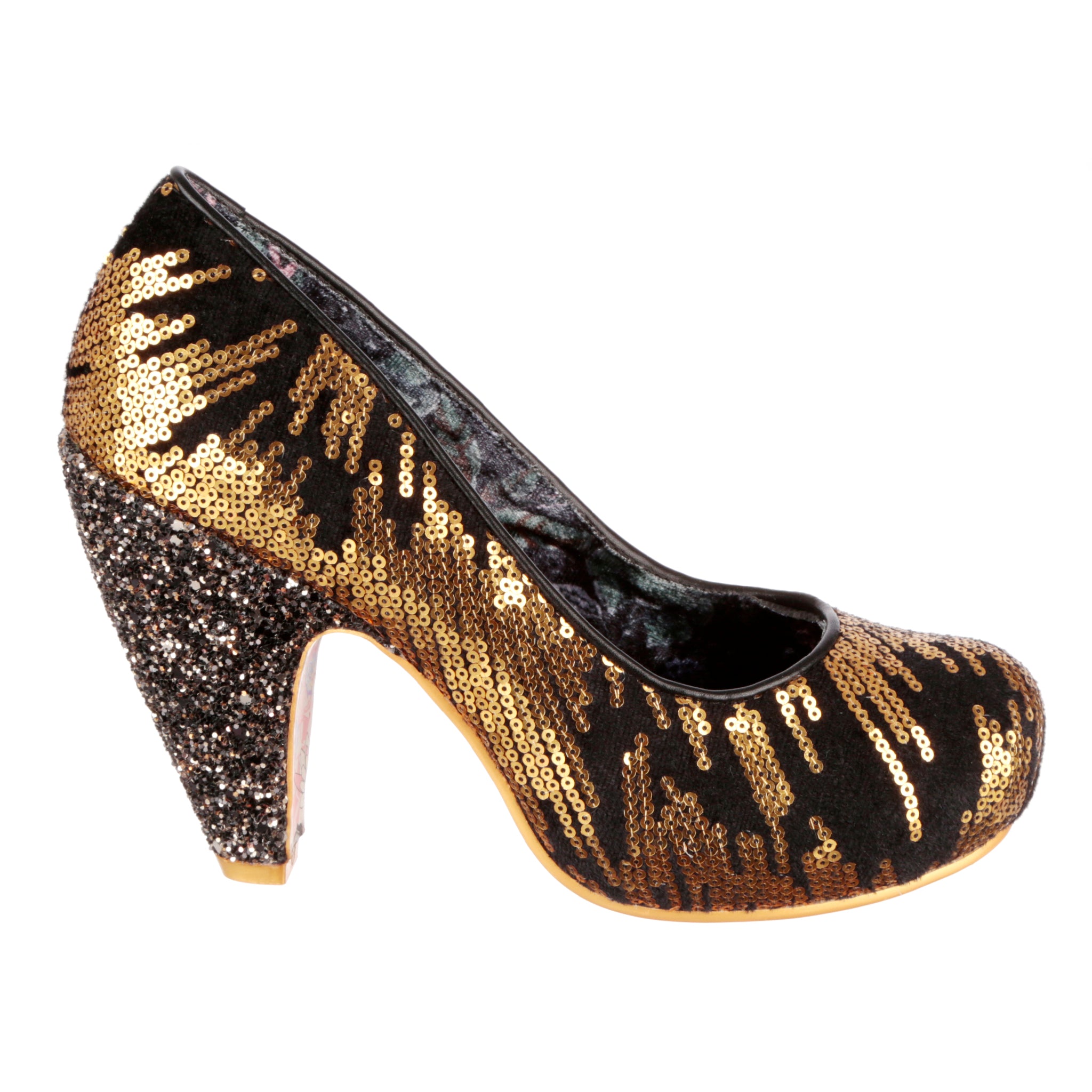 Irregular Choice Gold Sequin 70s Round Toe Platform High Heel Shoes ...