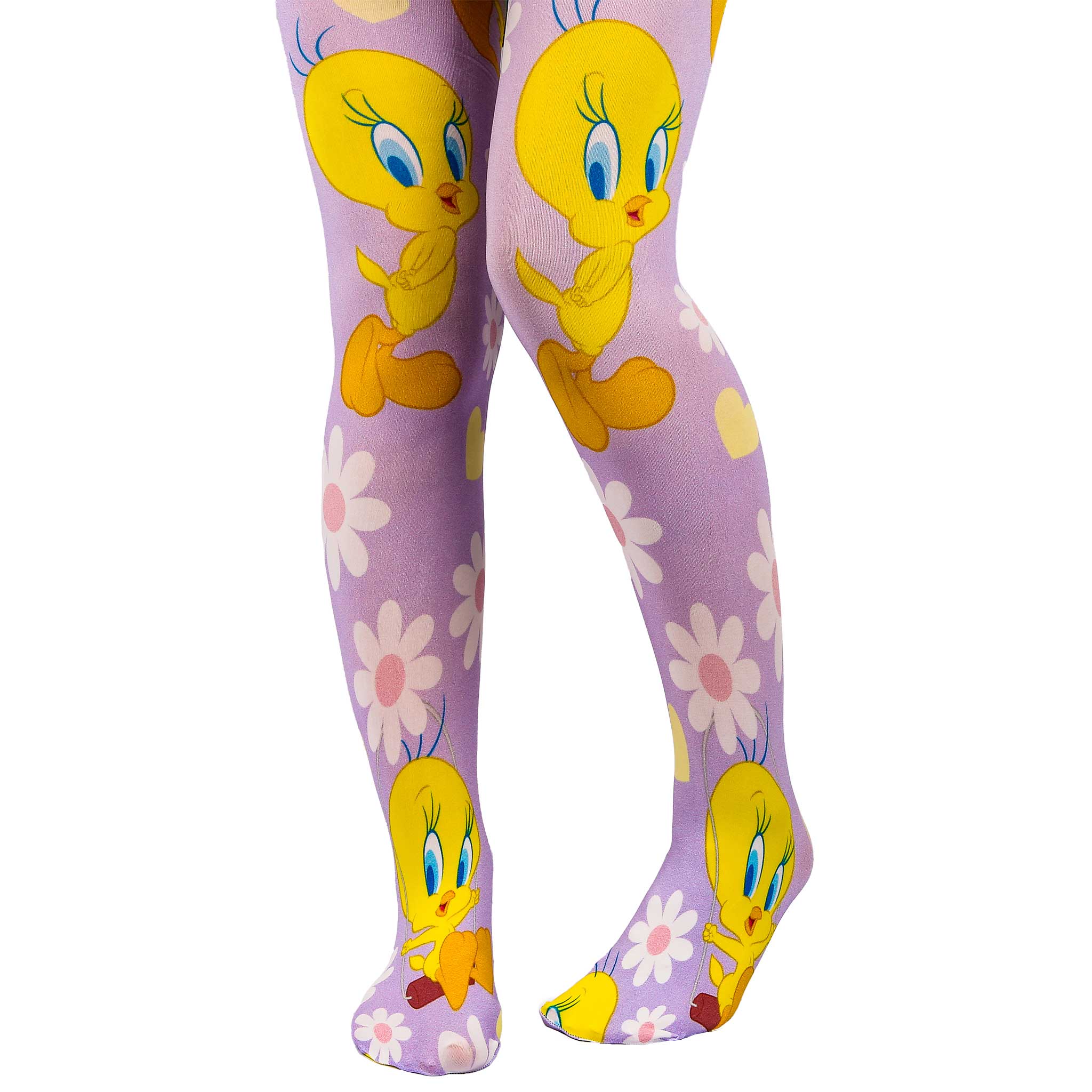 Lilac tights are repeat printed with white and pink daisy flowers and Tweety Bird across them.