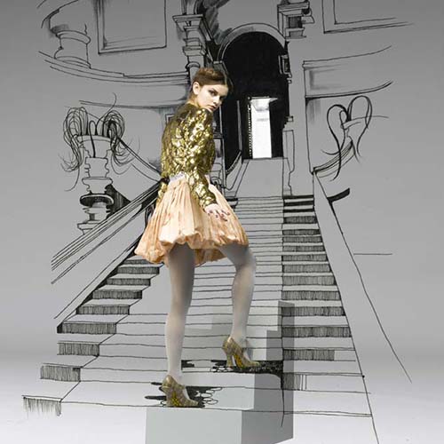 model wearing gold shoes on a hand drawn background